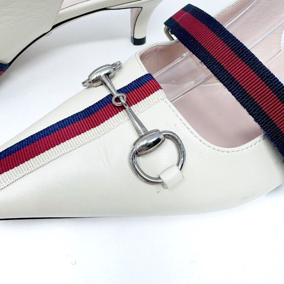 Gucci Malaga Kid Cream Web Stripe Horsebit Low Kitten Heel Slingback Pumps EU 38 - Picture 4 of 11